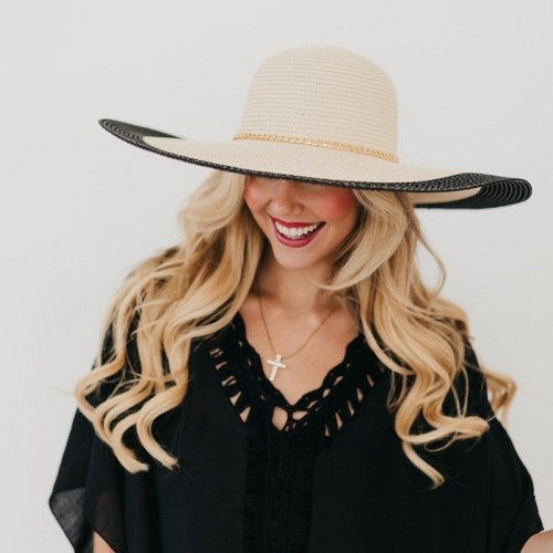 Gold Chain Jumbo Colour Block Straw Hat in Natural/Black