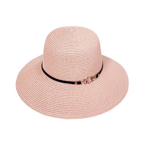 Rhinestone Buckle Detail Straw Hat in Pink