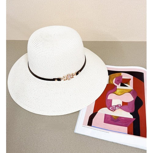 Rhinestone Buckle Detail Straw Hat in White