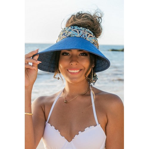 Scarf Accent Linen Jumbo Visor in Navy