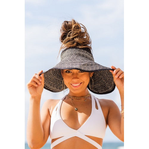 Roll-Up Boho Sequin Bow Detail Jumbo Visor in Black