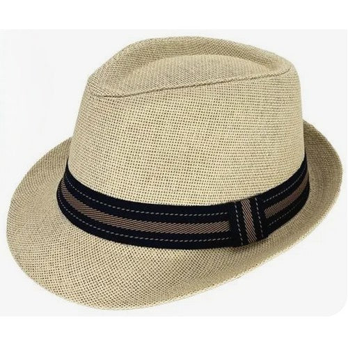 09539 Tri Colour Band Straw Trilby Fedora Hat in Beige