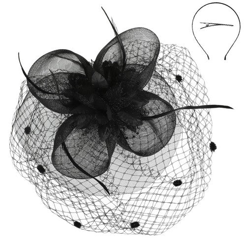 HTH2966 Floral Feathered Round Fascinator in Black