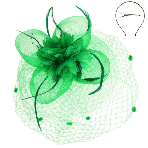 Floral Feathered Round Fascinator in Green
