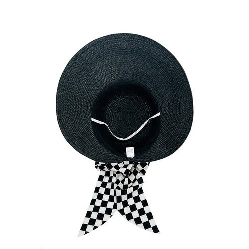 Checker Ribbon Straw Peak Hat in Black