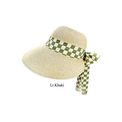 Checker Ribbon Straw Peak Hat in Light Khaki