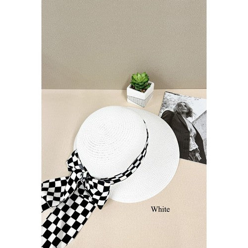 A20-71-WH-C Checker Ribbon Straw Hat in White