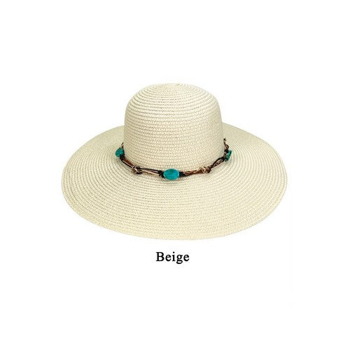 Turquoise Stone Tie Wide Brim Straw Hat in Beige Ivory
