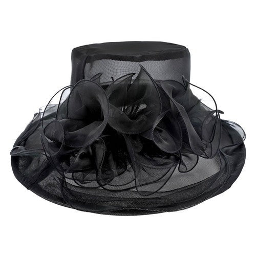HTO2603 Organza Corsage Down Brim Church Hat in Black