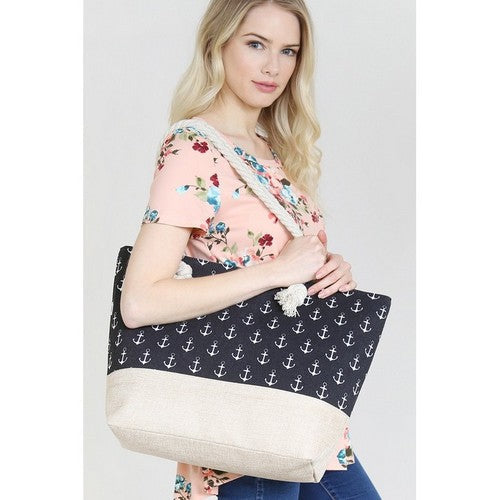 Anchor Print Beach Bag in Black