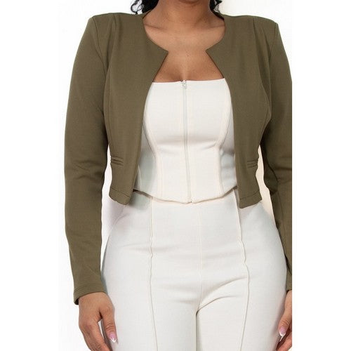BJ07361 Open Front Crop Jacket in Moss