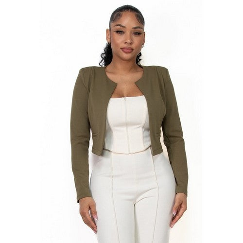 Open Front Crop Jacket in Moss