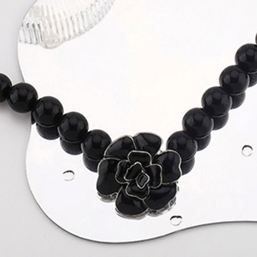 Enamel Camellia Flower Pearl Bead Necklace in Black