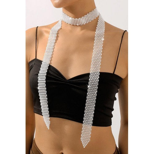 Long Rhinestone Scarf Tie Necklace in White