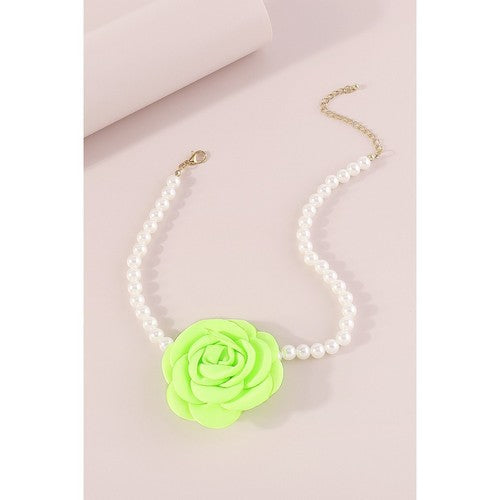 Romantic Satin Flower Pearl Choker Necklace in Neon Green