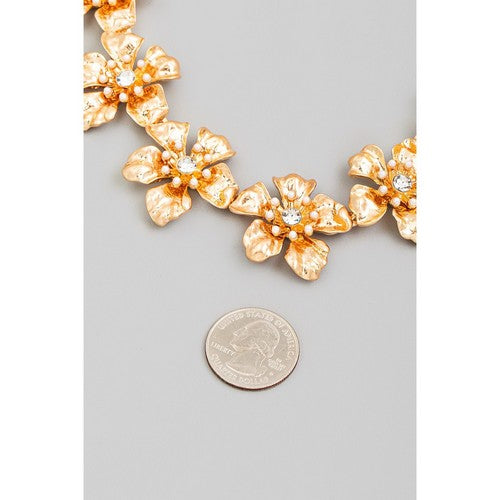 Rhinestone & Pearl Flower Necklace in Gold