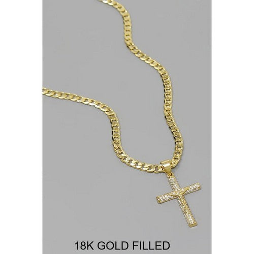 129542 Cross CZ Pendant 18K Gold-Filled Curb Chain Necklace