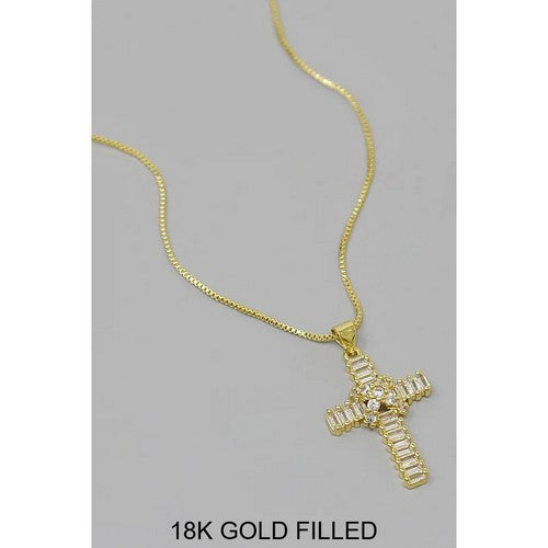 129546 Cross CZ Pendant 18K Gold-Filled Box Chain Necklace