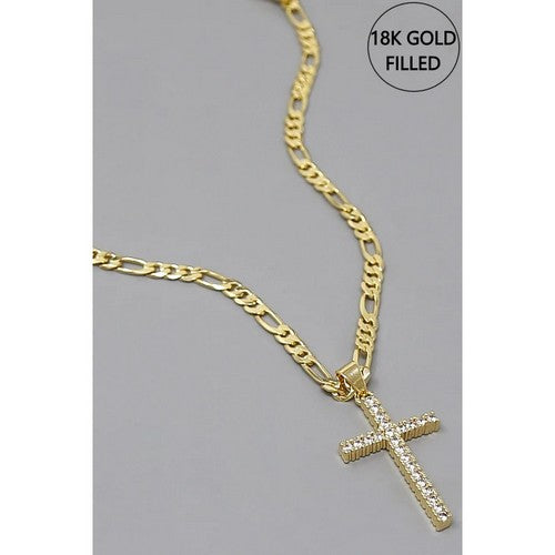 18k Gold Filled CZ Cross Figaro Chain Necklace