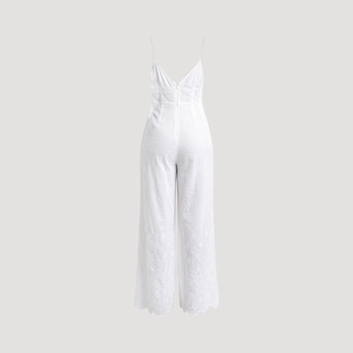 Swiss Dot Crochet Detail Lightweight Cotton Jumpsuit in White