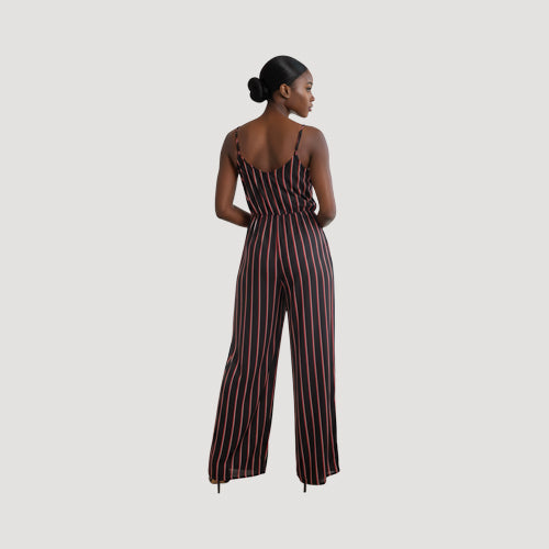 Wrap Front Cami Jumpsuit in Black & Red Stripe