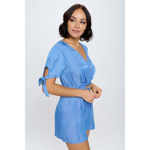 Tie Sleeve Belted Romper in Medium Denim