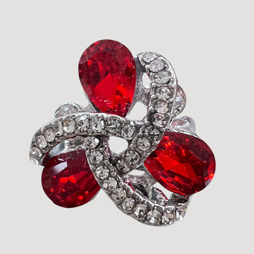 Silver Flower Rhinestone Ring in Red