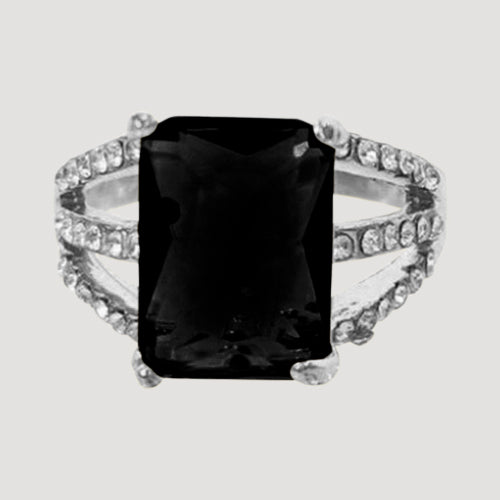 IRI-887BT Triple Band Rhinestone Gem Silver Solitaire Ring in Black