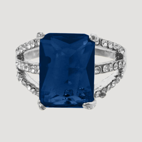 IRI-887BT Triple Band Rhinestone Gem Silver Solitaire Ring in Navy