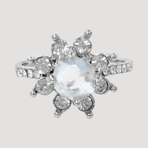 IRI-897BT Flower Halo Silver Solitaire Ring in Clear