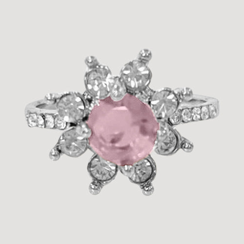 IRI-897BT Flower Halo Silver Solitaire Ring in Pink