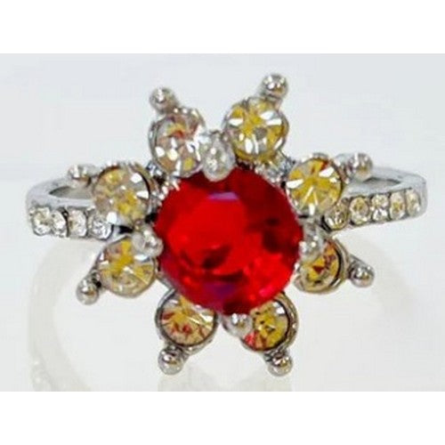 IRI-897BT Flower Halo Silver Solitaire Ring in Red