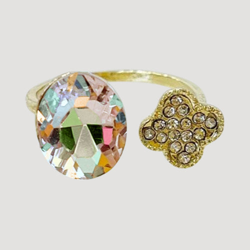 IRI-983 Quatrefoil & Gem Open Gold Ring in AB Crystal