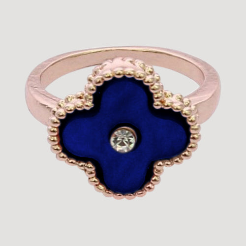 RRN-0598R Enamel & Rhinestone Quatrefoil Rose Gold Ring in Navy