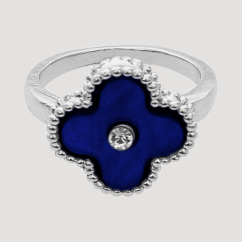 RRN-0598R Enamel & Rhinestone Quatrefoil Silver Ring in Navy