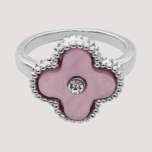 RRN-0598R Enamel & Rhinestone Quatrefoil Silver Ring in Pink