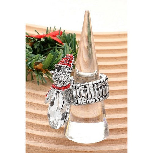 Rhinestone Snowman Stretch Ring in Silver/Clear Crystal