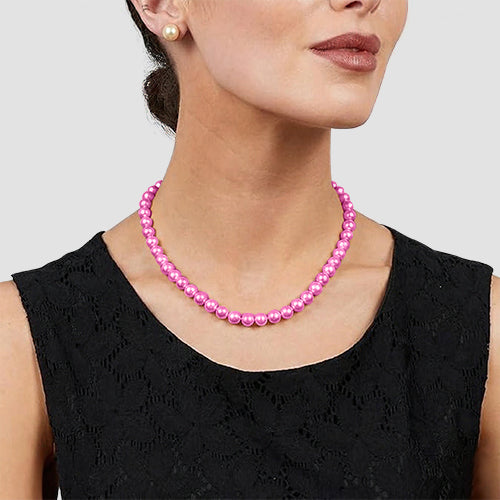 Pearl Necklace & Earring Set Fuchsia Pink