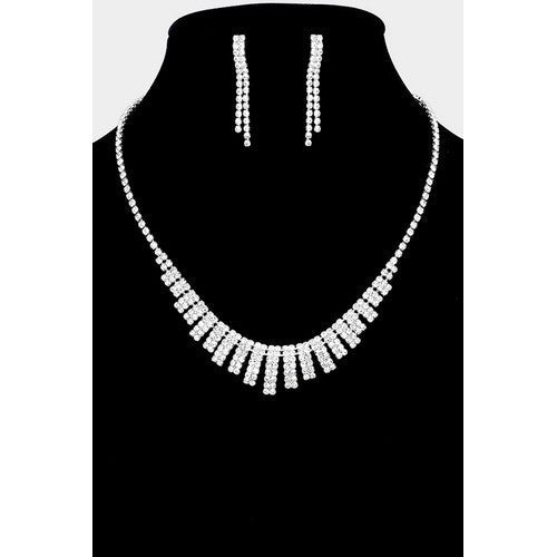 S19732 Rhinestone Pave Rectangle Cluster Necklace & Earring Set Clear