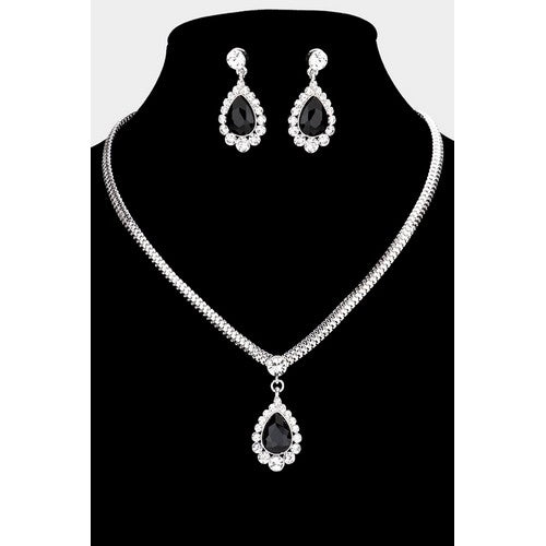 Herringbone Chain Teardrop Rhinestone Earring & Necklace Set Silver/Black