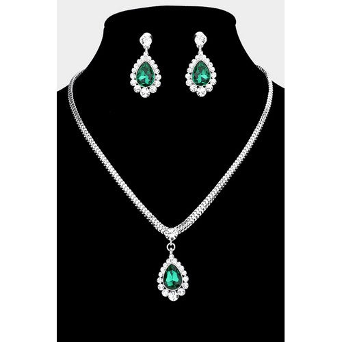 Herringbone Chain Teardrop Rhinestone Earring & Necklace Set Silver/Green