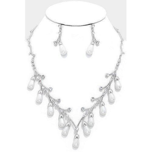 Pearl Teardrop Rhinestone Earring & Necklace Set Silver/White