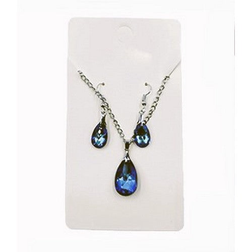 Crystal Teardrop Silver Earring & Necklace Set in Navy
