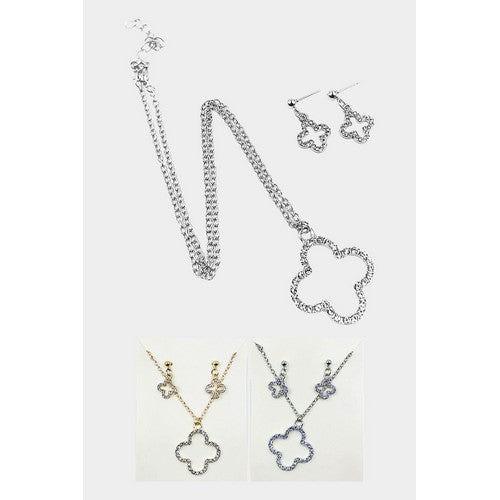 Rhinestone Quatrefoil Clover Necklace & Earring Set in Silver