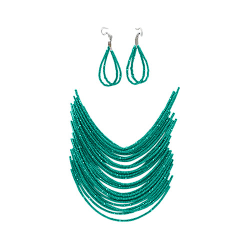 RNK-0412R9 Bead Necklace & Earrings Set in Turquoise