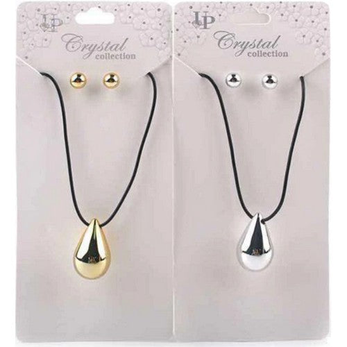 Tear Drop Pendant Leather Necklace & Stopper Earrings Set in Silver