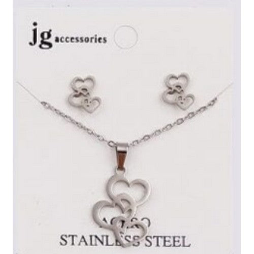 NSS-1362 Triple Heart Stainless Steal Earrings & Necklace Set in Silver
