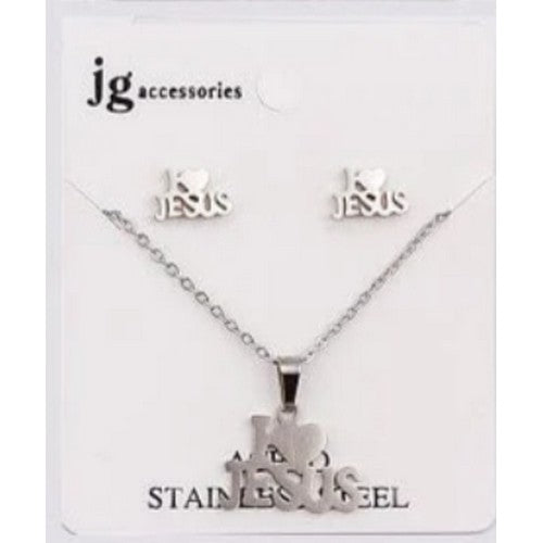 NSS-1382 I Love Jesus Stainless Steal Earrings & Necklace Set in Silver