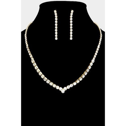 RN19986 Rhinestone Tennis Necklace & Earring Set in Gold & Clear Crystal