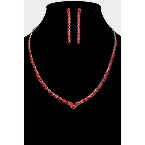 RN19986 Rhinestone Tennis Necklace & Earring Set in Silver & Red